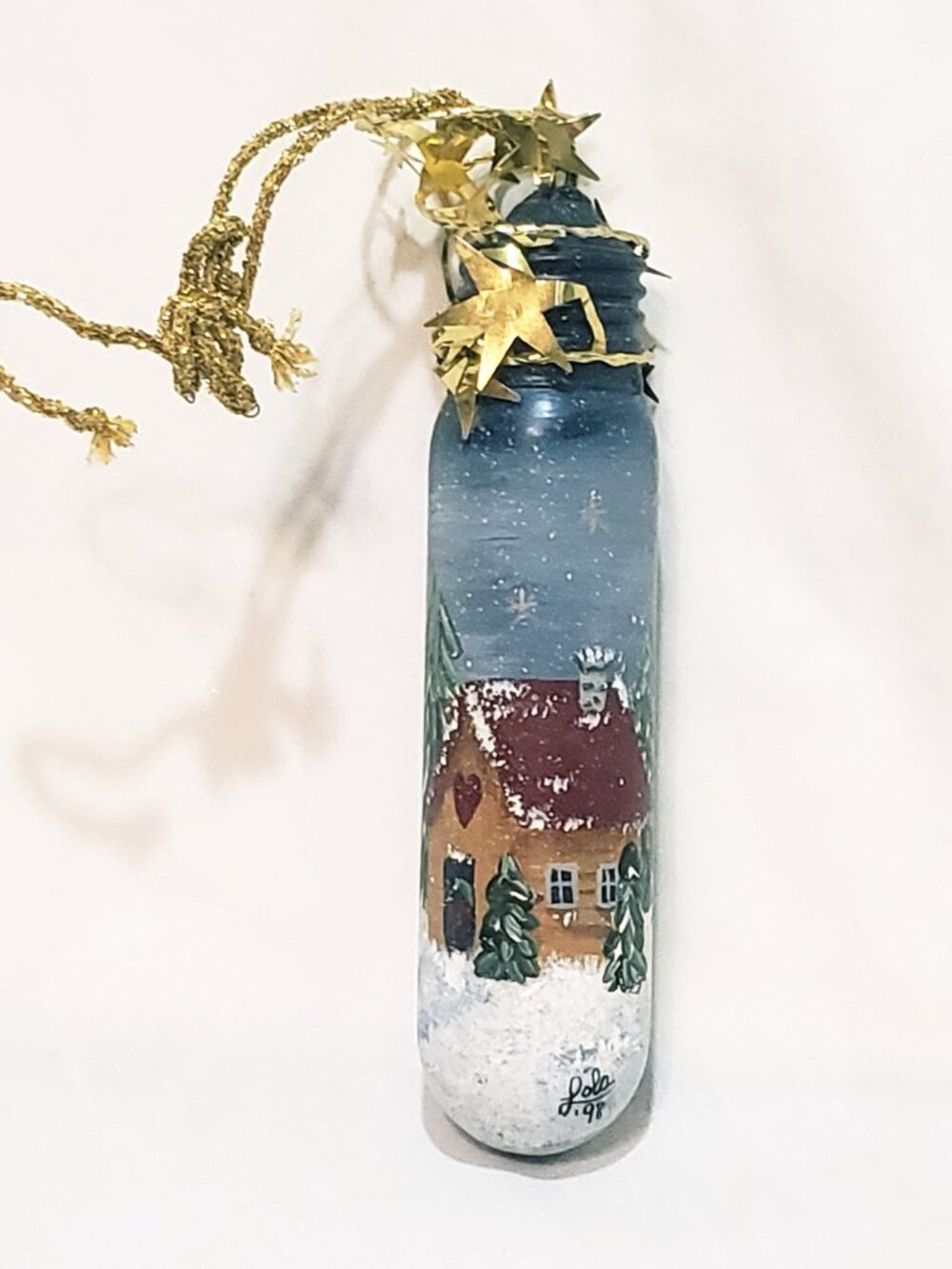 Glass Tube Hand Painted House Trees Christmas Ornament 5" Signed Lola 1998
